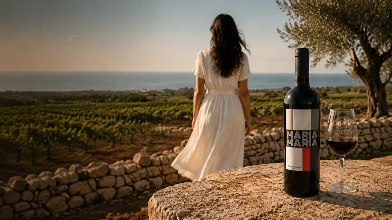 Láhev Maria Maria a sklenka červeného vína na kamenné zídce mezi vinicemi a mořem, za nimi žena v bílých šatech hledící na pobřeží
