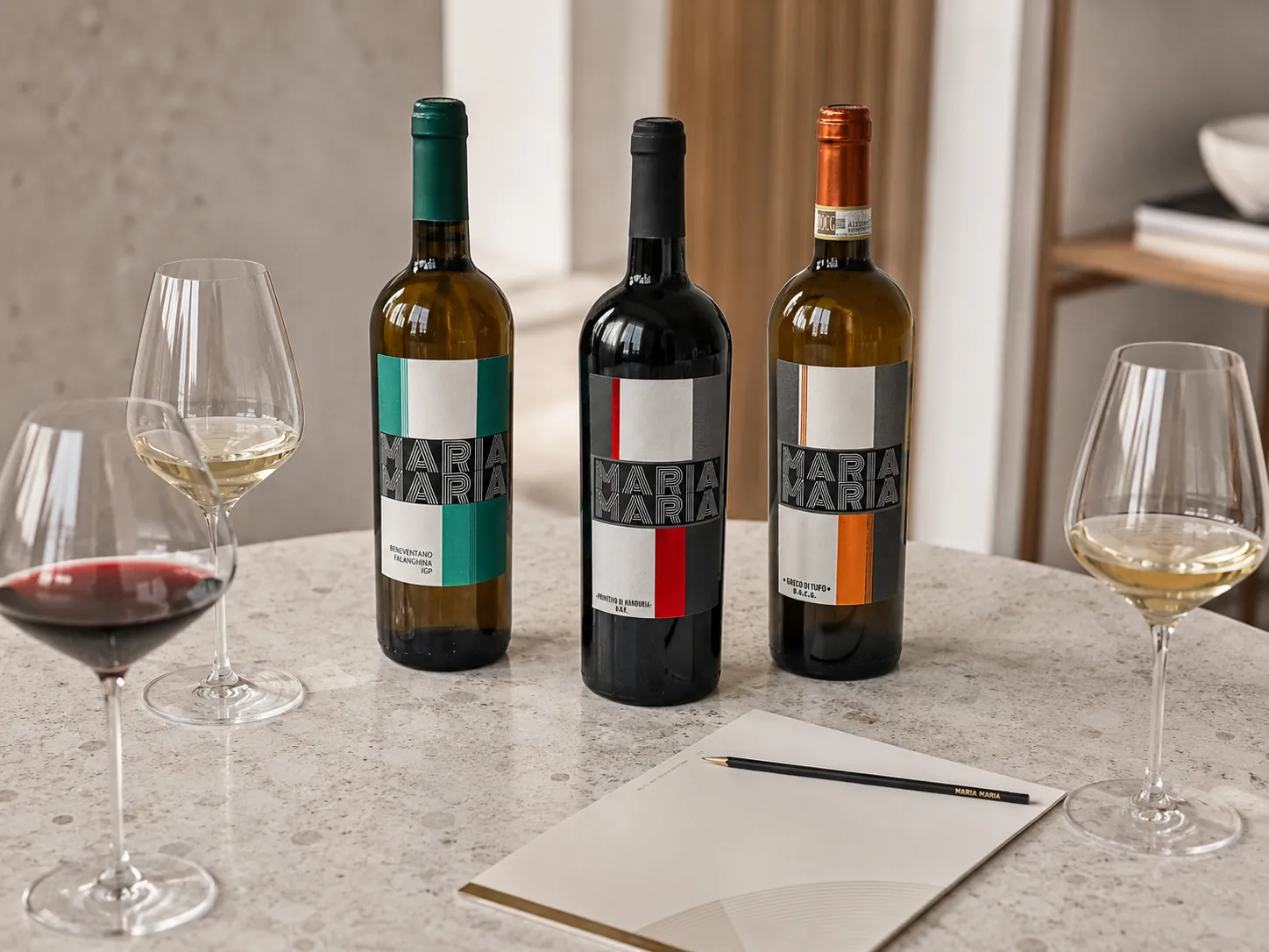 Maria Maria Il Rosso a Il Bianco v lahvích 375 ml s detaily servírování.