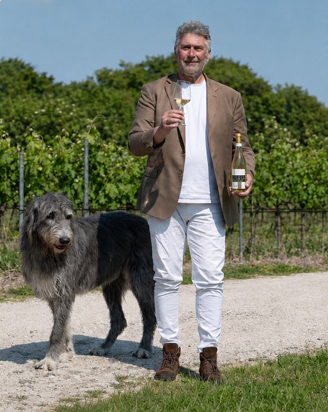 Daniele Malavasi con un calice di Lugana e il suo cane tra i filari del vigneto di Pozzolengo
