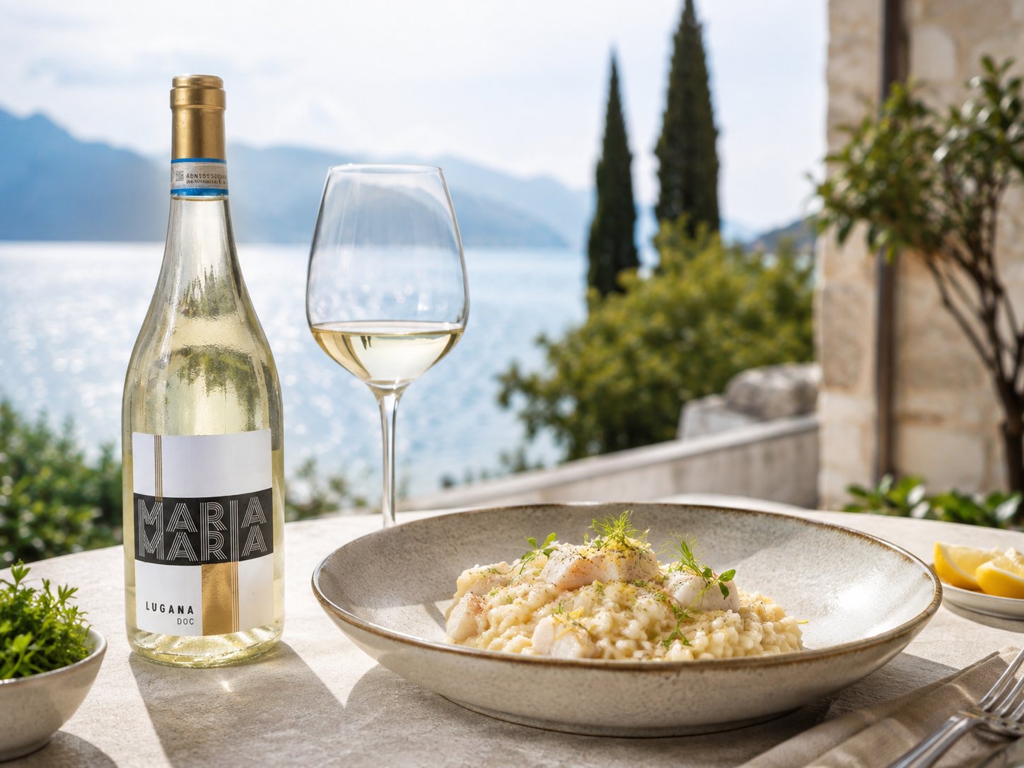 Risotto cremoso con pesce di lago, limone ed erbe accanto a un calice di Lugana