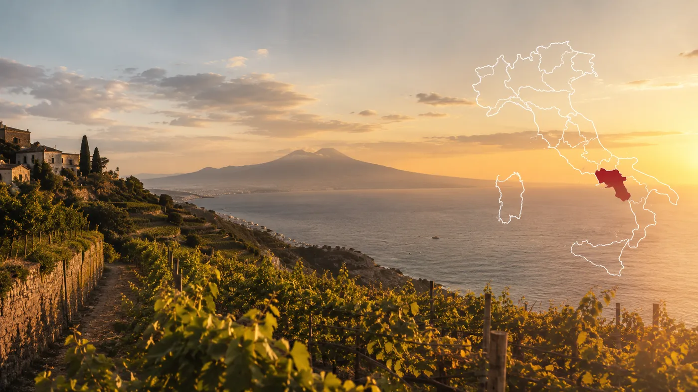 Terrassierte Weinberge an der Küste Kampaniens im Abendlicht